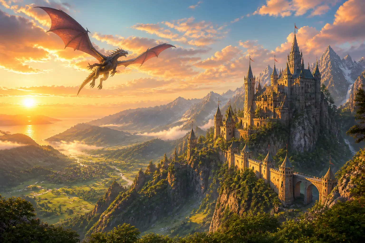 Aventure fantasy : château et dragon au soleil